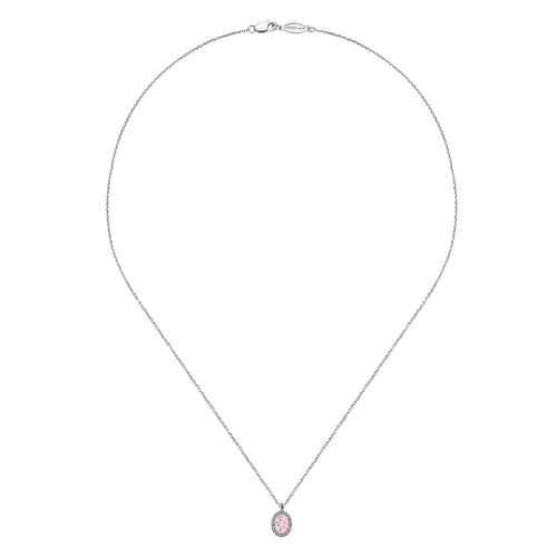 18 inch 14K White Gold Pink Created Zircon and Diamond Halo Drop Necklace