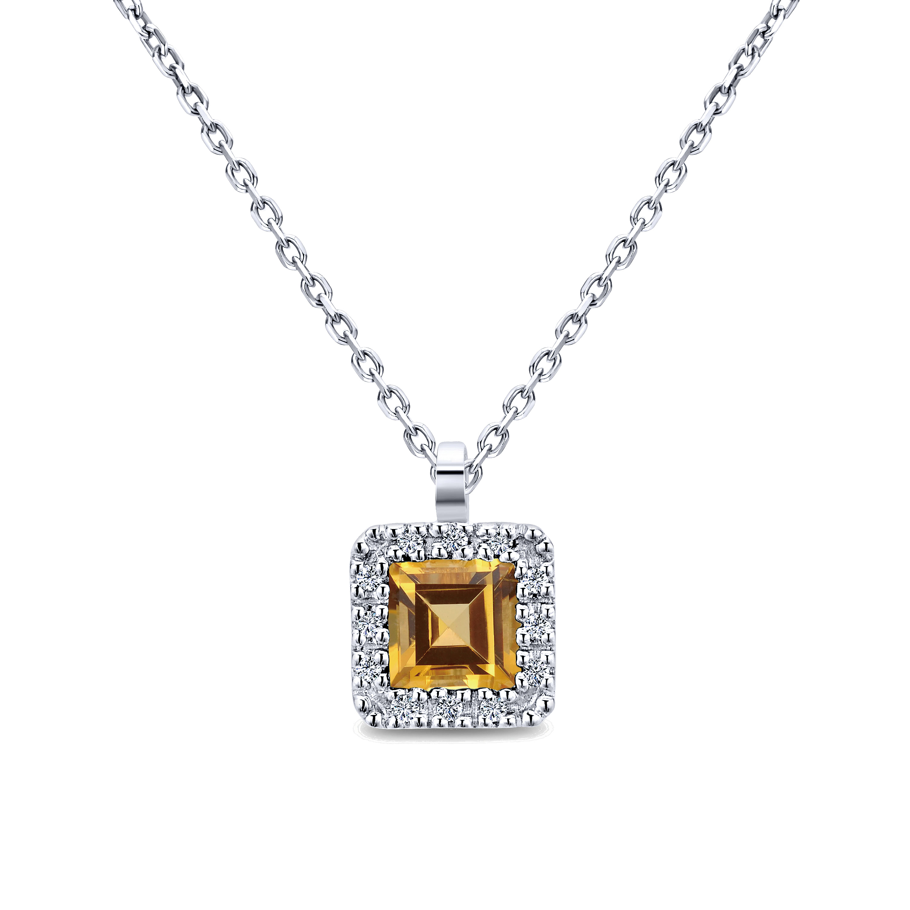 18 inch 14K White Gold Princess Halo Citrine and Diamond Necklace