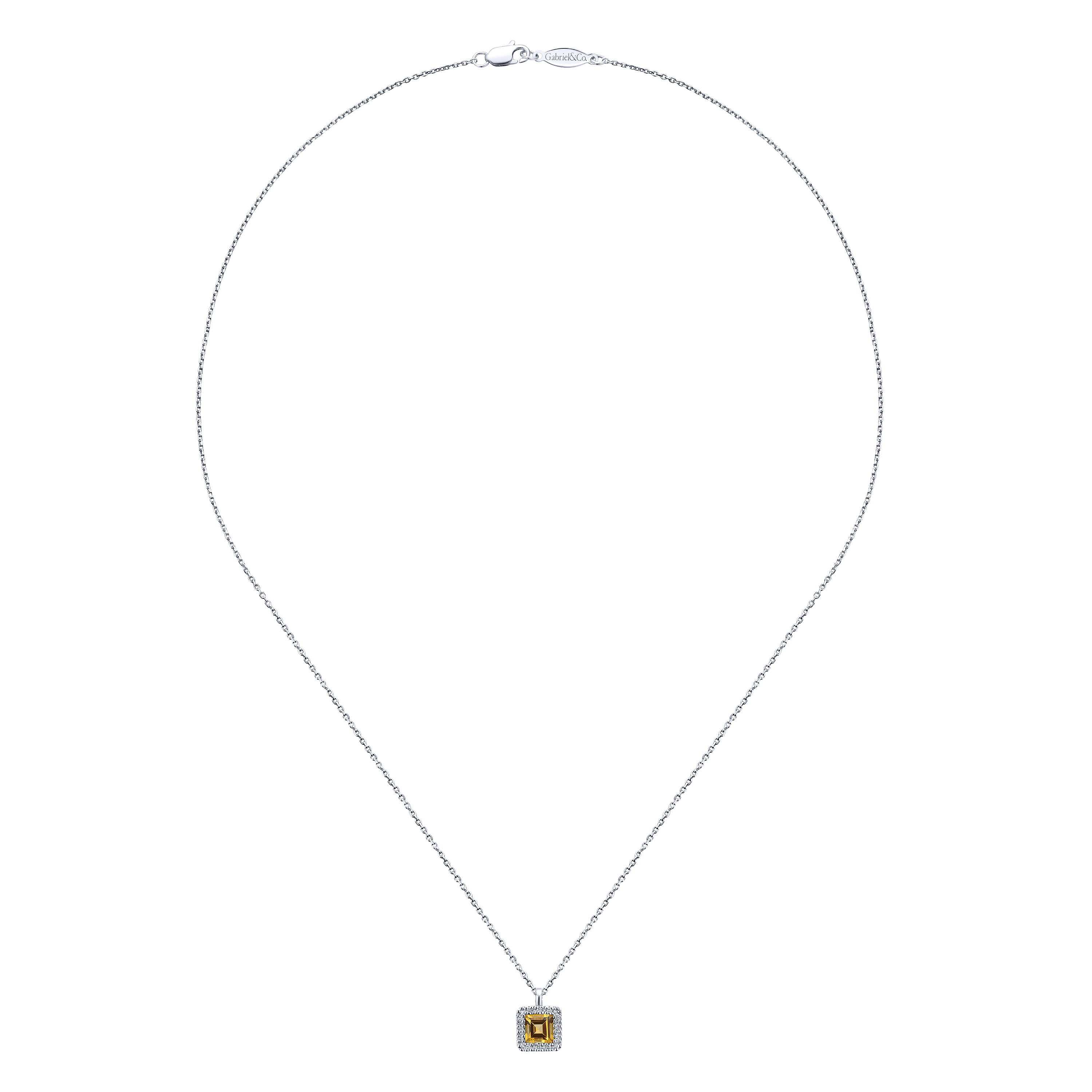 18 inch 14K White Gold Princess Halo Citrine and Diamond Necklace