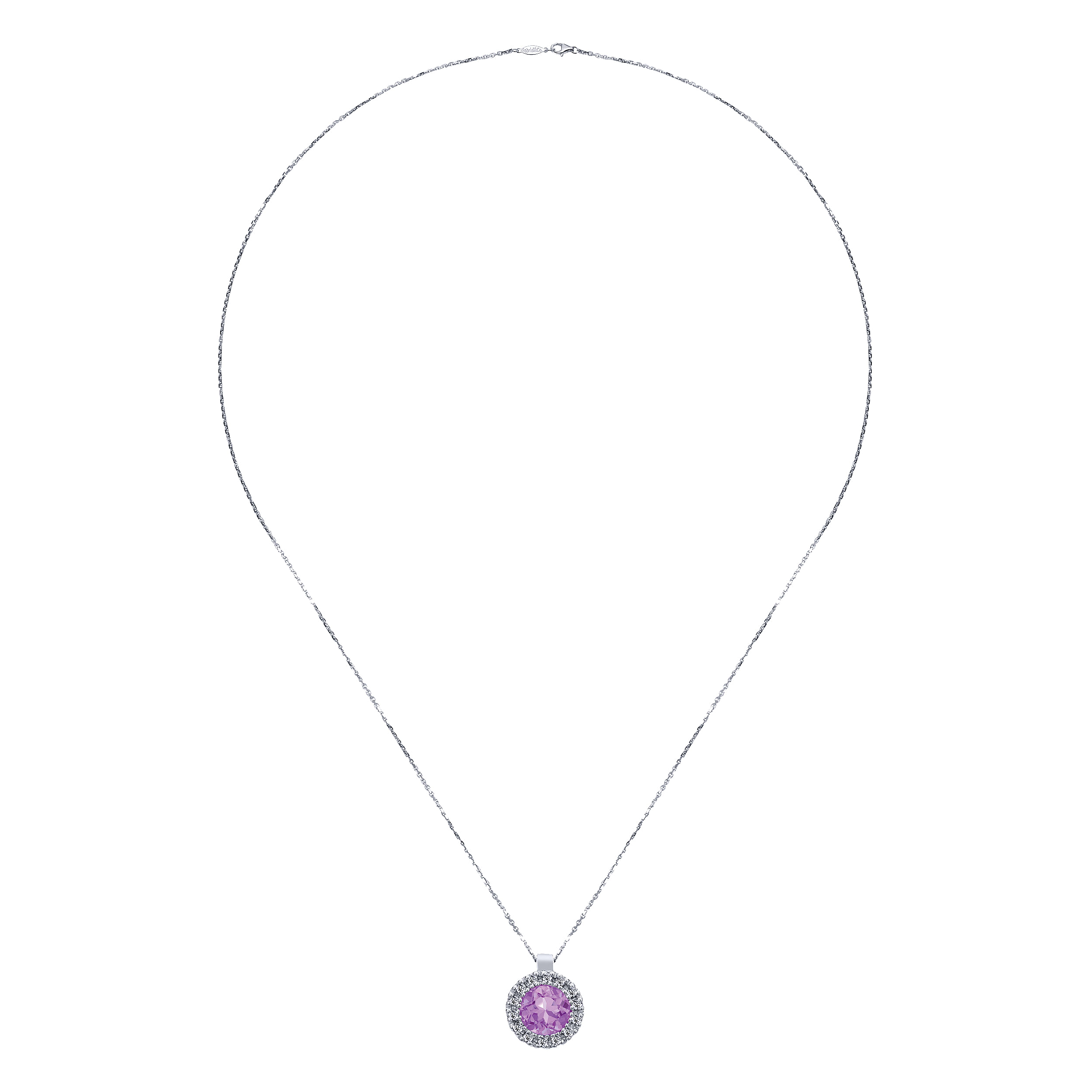 18 inch 14K White Gold Round Amethyst and Diamond Pendant Necklace