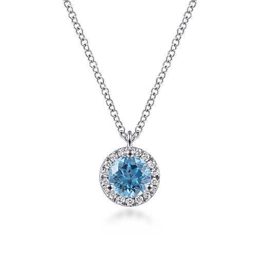 18 inch 14K White Gold Round Blue Topaz and Diamond Halo Pendant Necklace