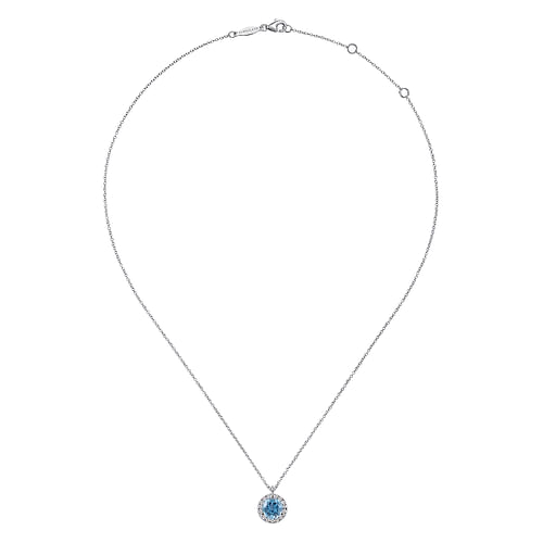 18 inch 14K White Gold Round Blue Topaz and Diamond Halo Pendant Necklace