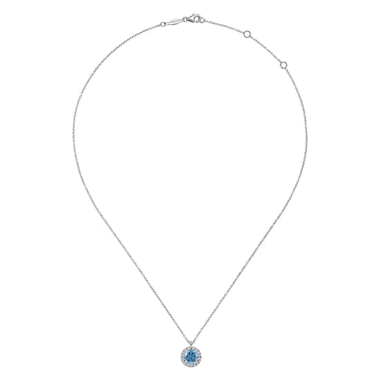 18 inch 14K White Gold Round Blue Topaz and Diamond Halo Pendant Necklace angle 2