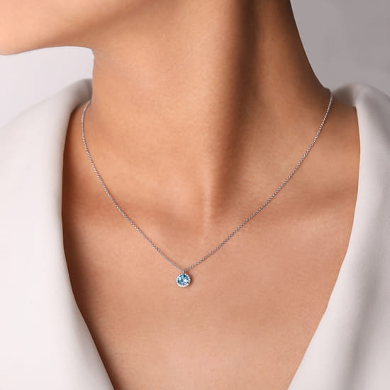 18 inch 14K White Gold Round Blue Topaz and Diamond Halo Pendant Necklace angle 3
