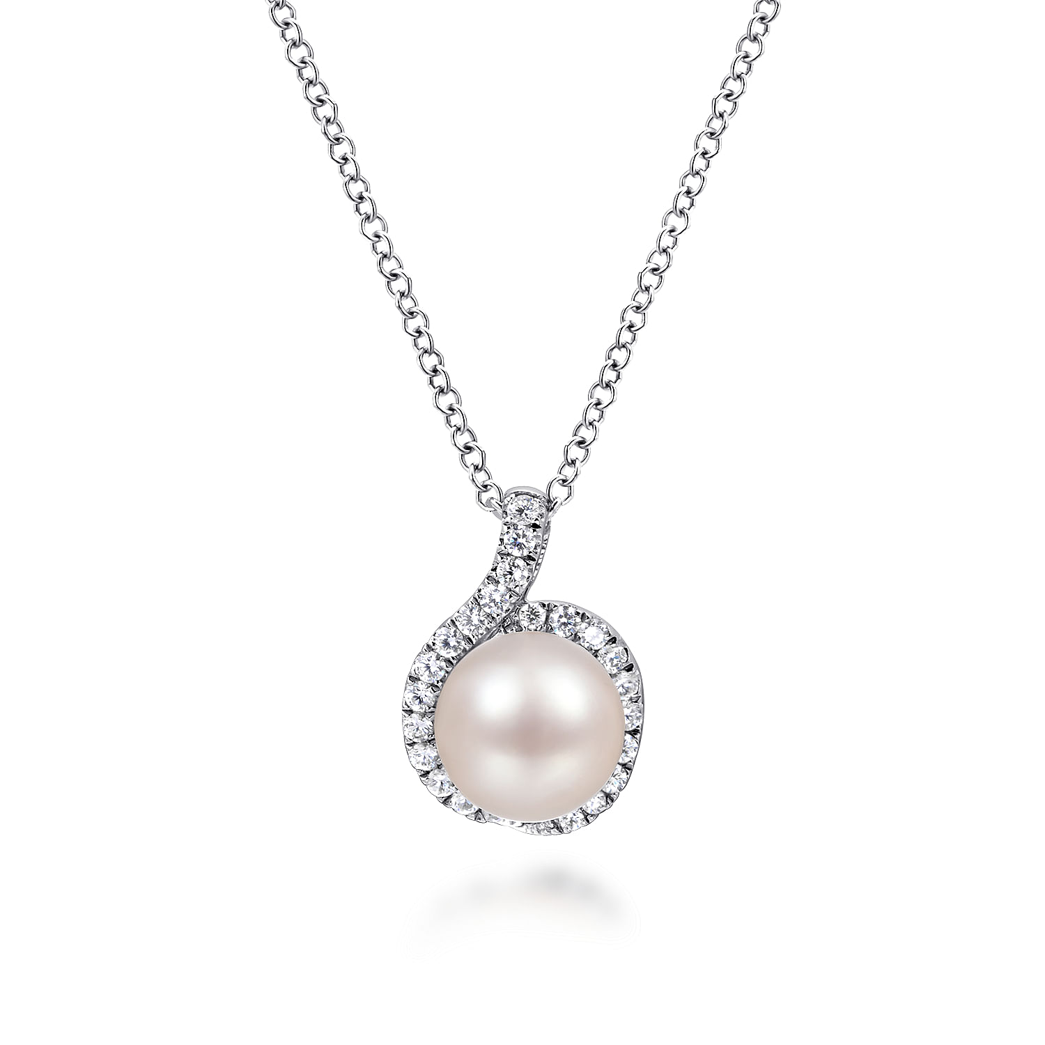 Gabriel - 18 inch 14K White Gold Round Cultured Pearl and Diamond Halo Pendant Necklace