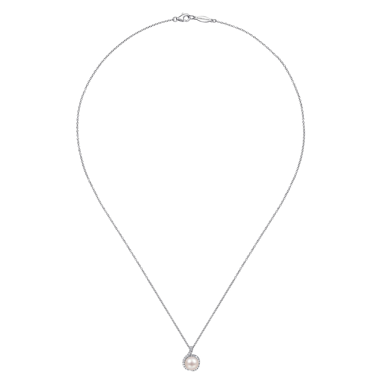 18 inch 14K White Gold Round Cultured Pearl and Diamond Halo Pendant Necklace