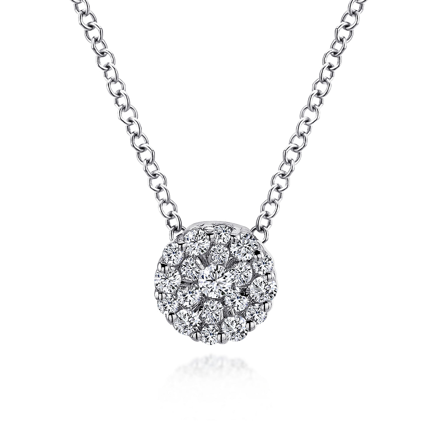 18 inch 14K White Gold Round Diamond Cluster Pendant Necklace