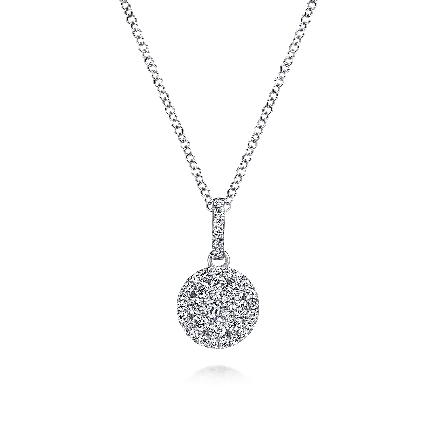 18 inch 14K White Gold Round Diamond Pavé Pendant Necklace