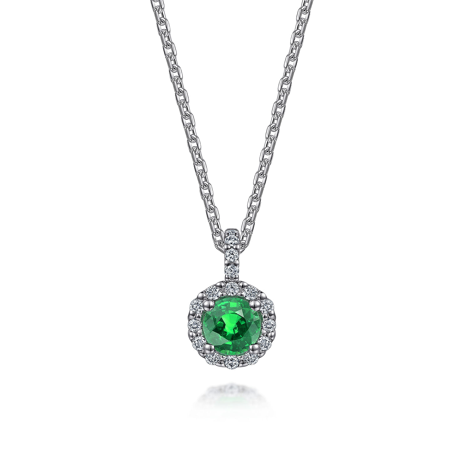 Gabriel - 18 inch 14K White Gold Round Emerald and Diamond Halo Pendant Necklace