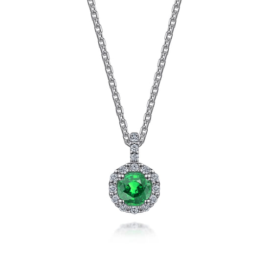 Gabriel - 18 inch 14K White Gold Round Emerald and Diamond Halo Pendant Necklace