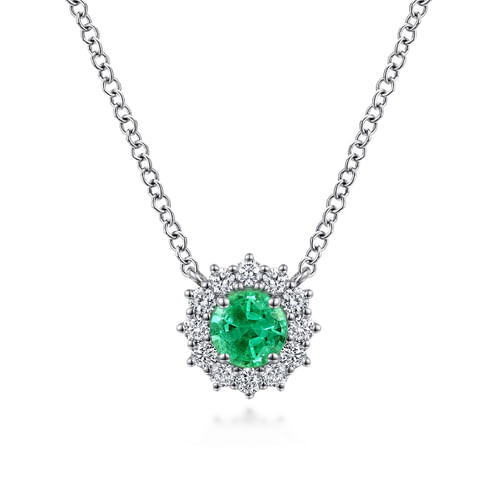 18 inch 14K White Gold Round Emerald and Diamond Halo Pendant Necklace