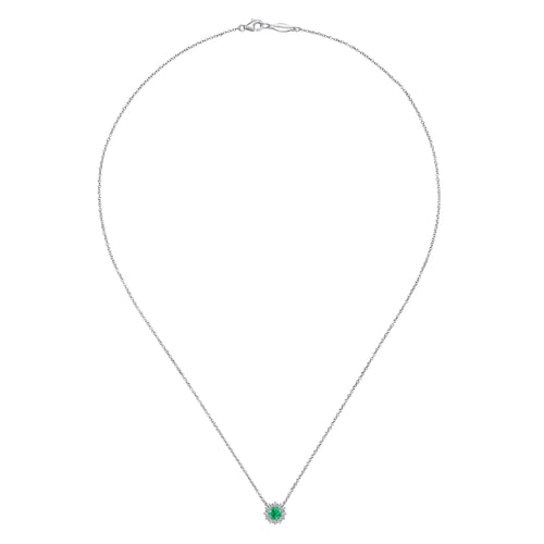 18 inch 14K White Gold Round Emerald and Diamond Halo Pendant Necklace