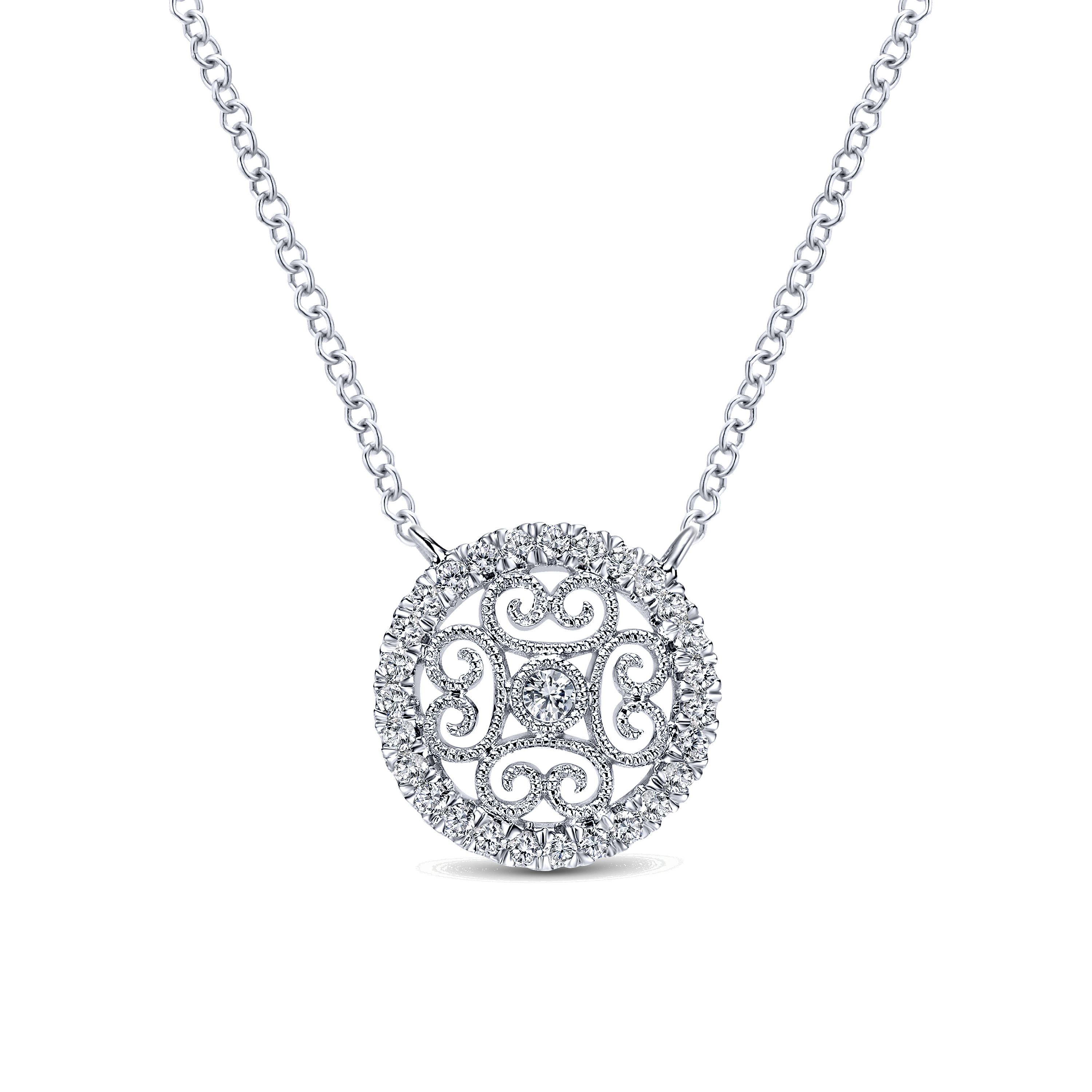18 inch 14K White Gold Round Filigree Diamond Pendant Necklace