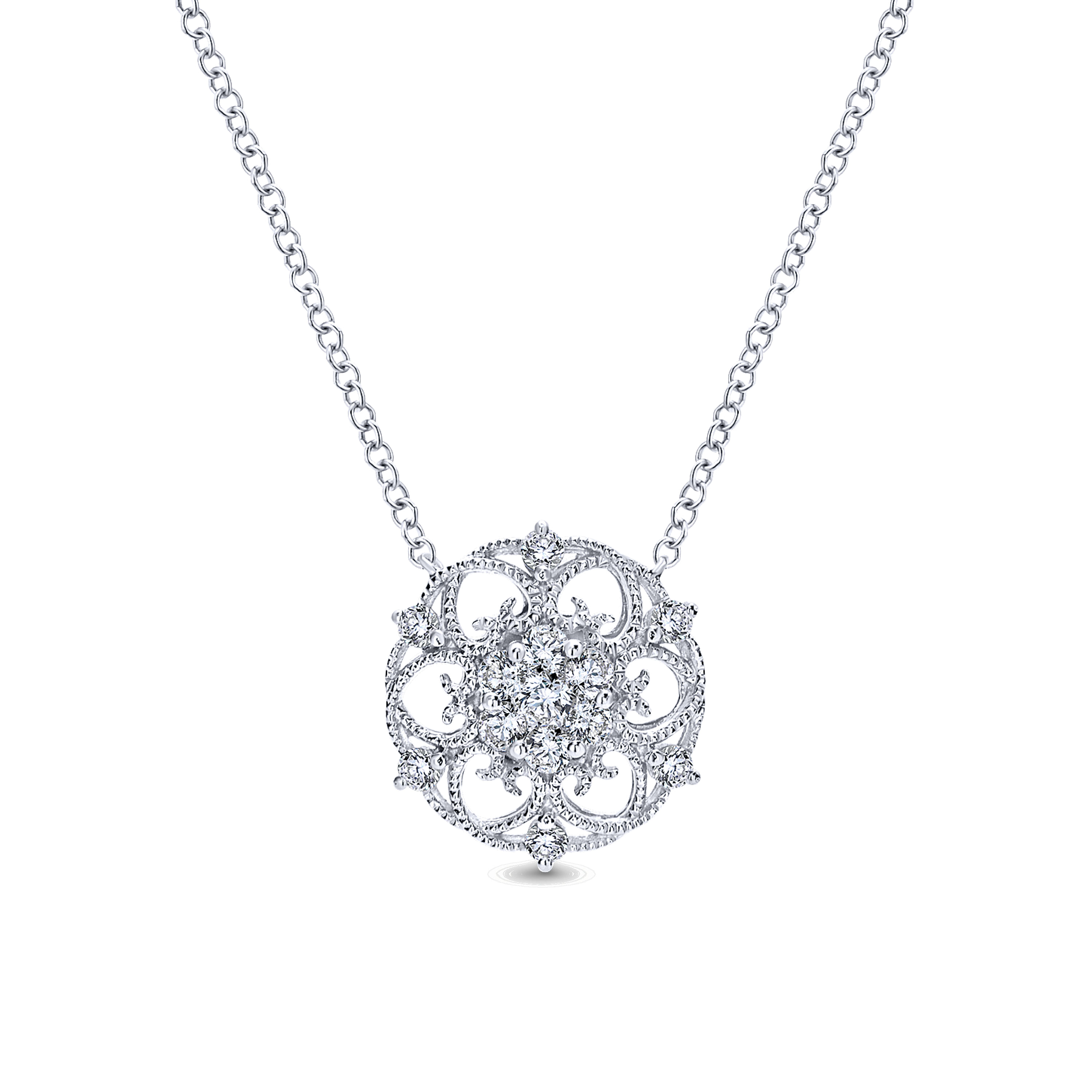 Gabriel - 18 inch 14K White Gold Round Filigree Diamond Pendant Necklace