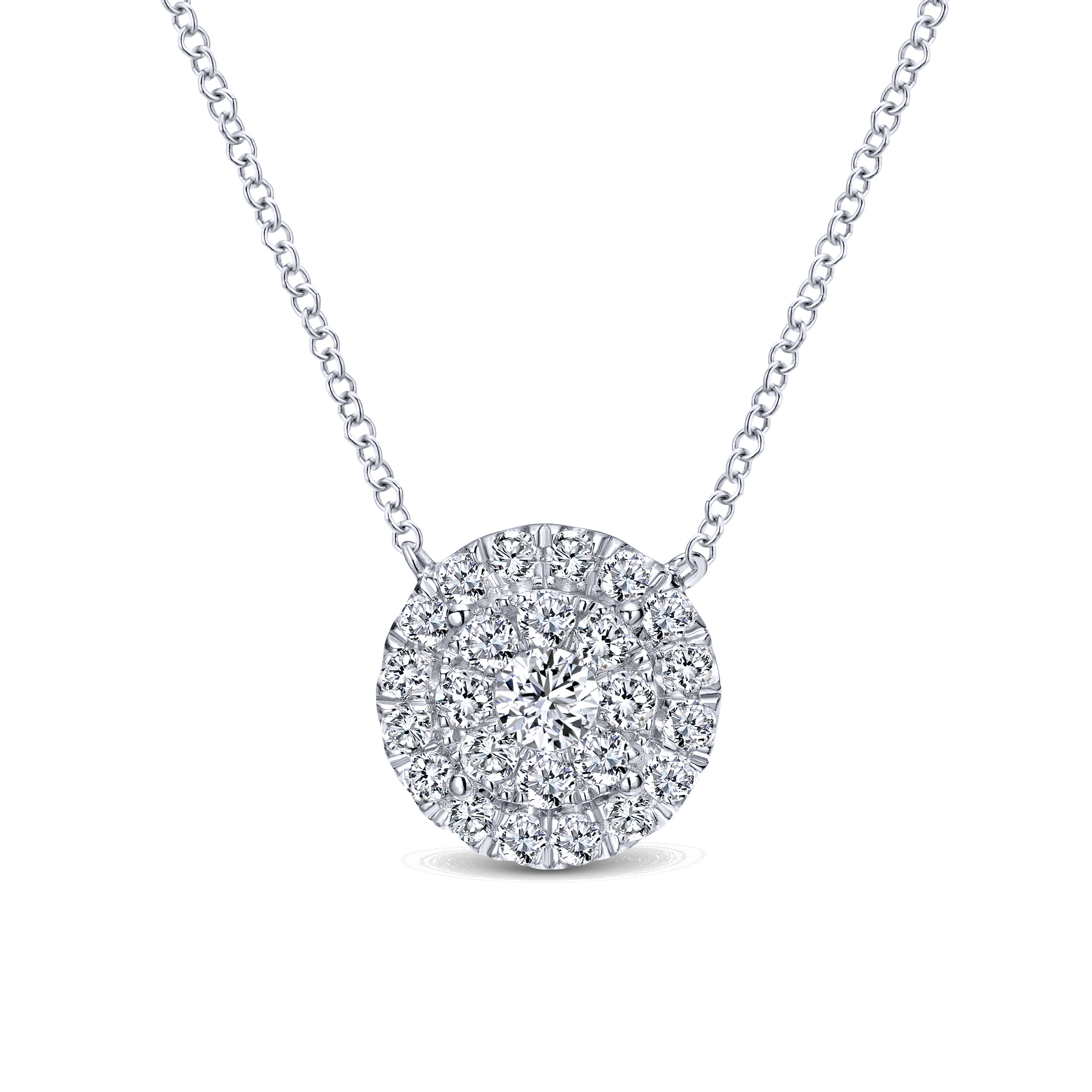 18 inch 14K White Gold Round Pavé Diamond Pendant Necklace