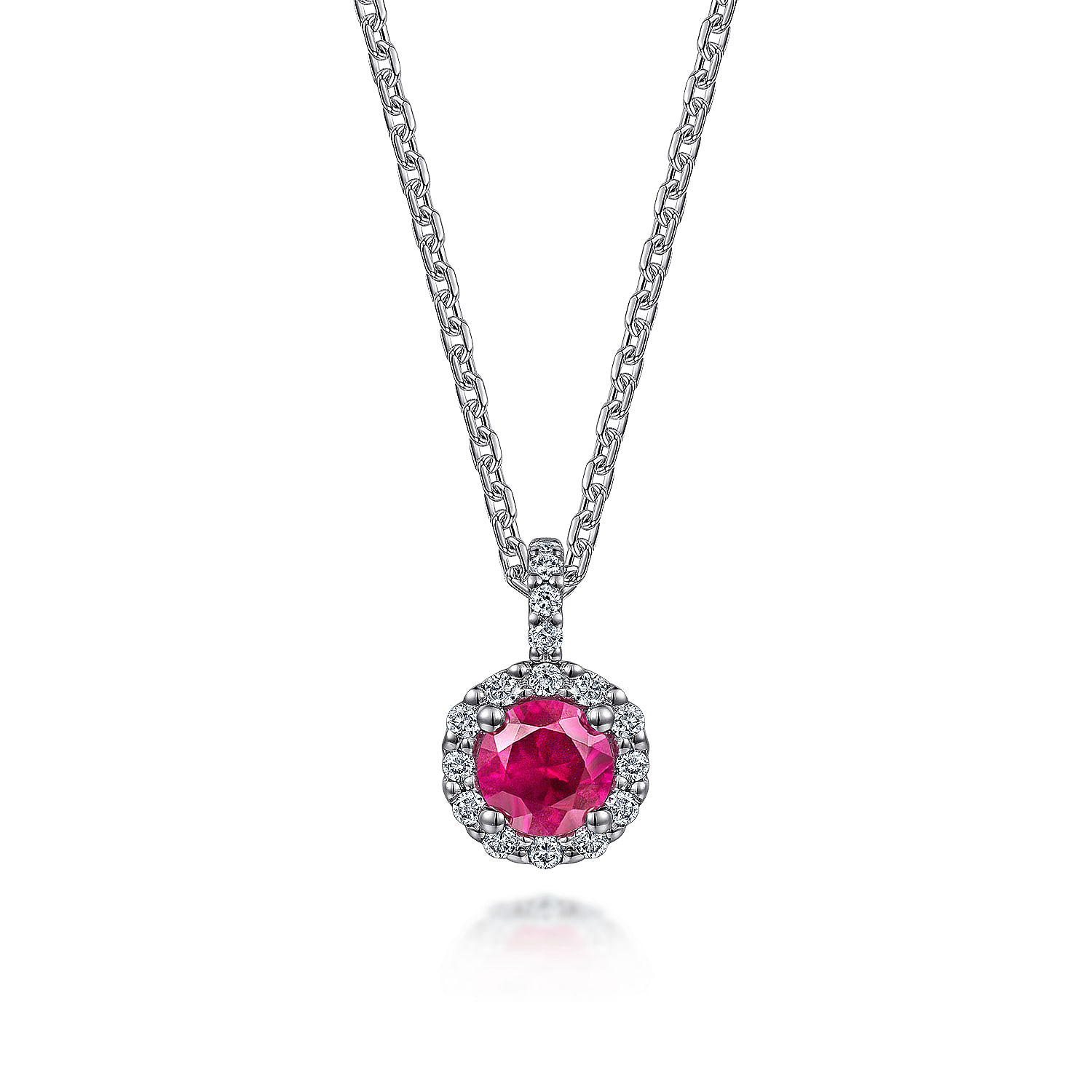 Gabriel - 18 inch 14K White Gold Round Ruby and Diamond Halo Pendant Necklace