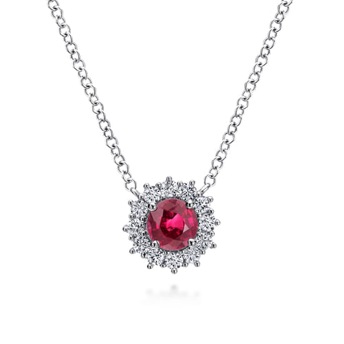 18 inch 14K White Gold Round Ruby and Diamond Halo Pendant Necklace