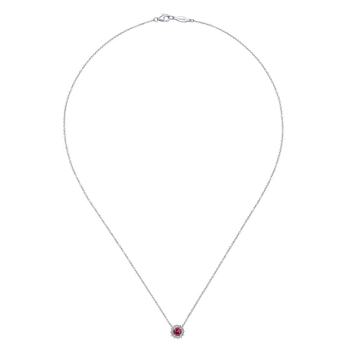 18 inch 14K White Gold Round Ruby and Diamond Halo Pendant Necklace