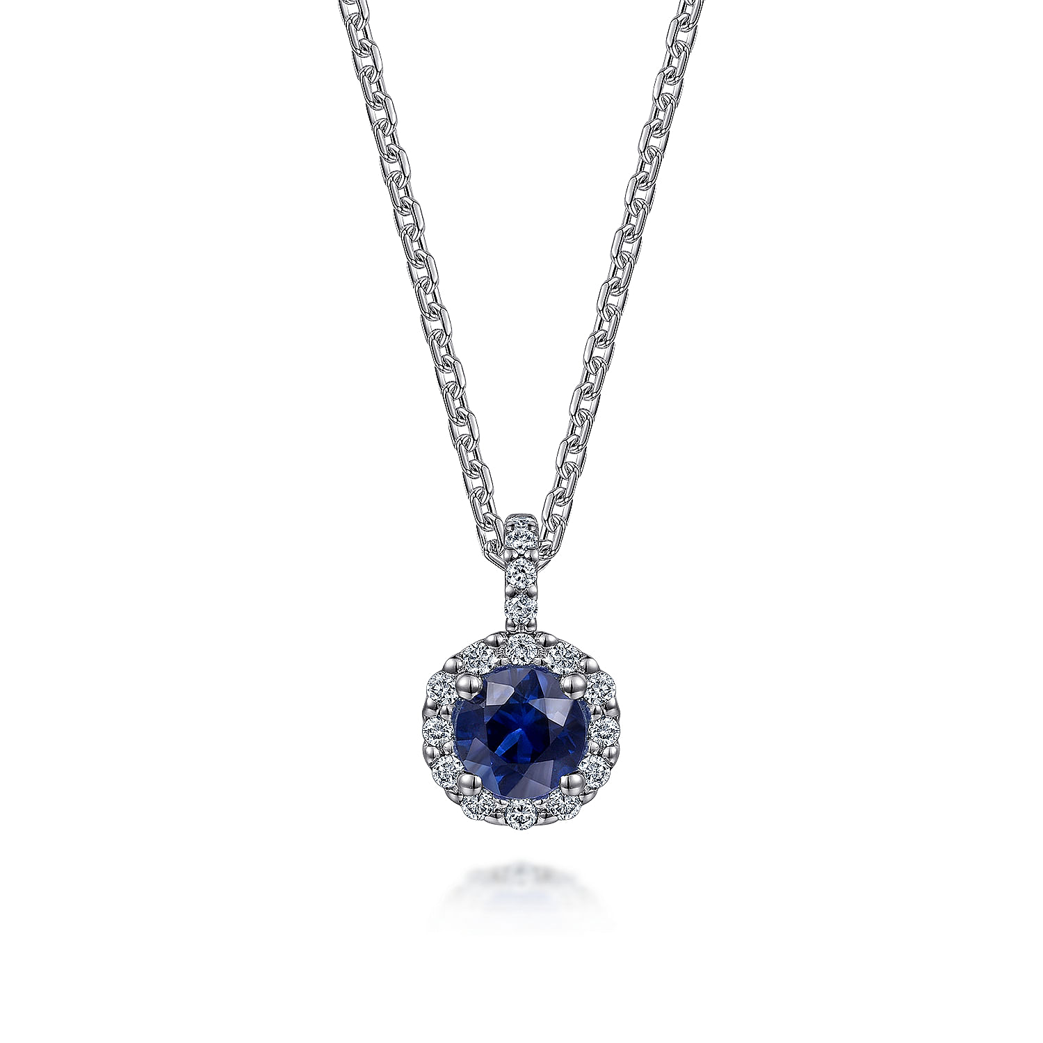 Gabriel - 18 inch 14K White Gold Round Sapphire and Diamond Halo Pendant Necklace