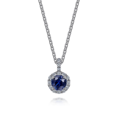 18 inch 14K White Gold Round Sapphire and Diamond Halo Pendant Necklace