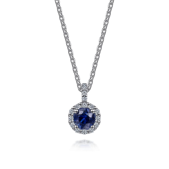 Gabriel - 18 inch 14K White Gold Round Sapphire and Diamond Halo Pendant Necklace