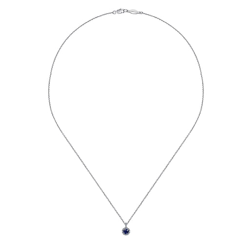 18 inch 14K White Gold Round Sapphire and Diamond Halo Pendant Necklace