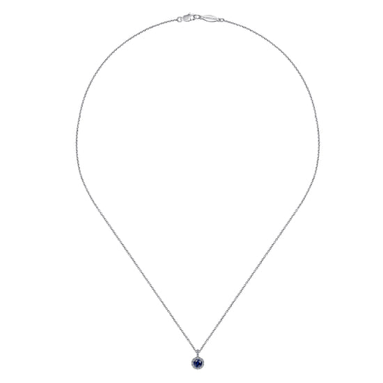 18 inch 14K White Gold Round Sapphire and Diamond Halo Pendant Necklace angle 2