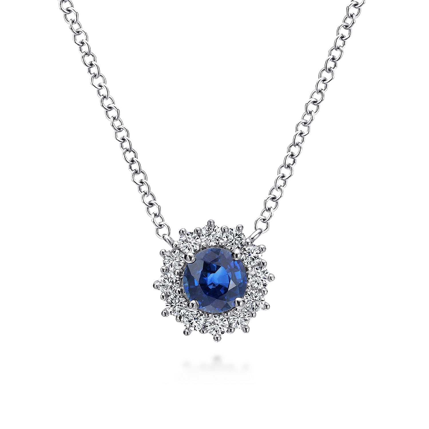 Gabriel - 18 inch 14K White Gold Round Sapphire and Diamond Halo Pendant Necklace