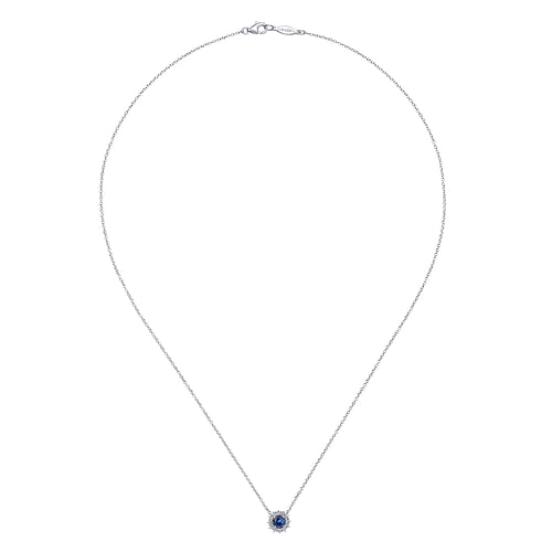 18 inch 14K White Gold Round Sapphire and Diamond Halo Pendant Necklace