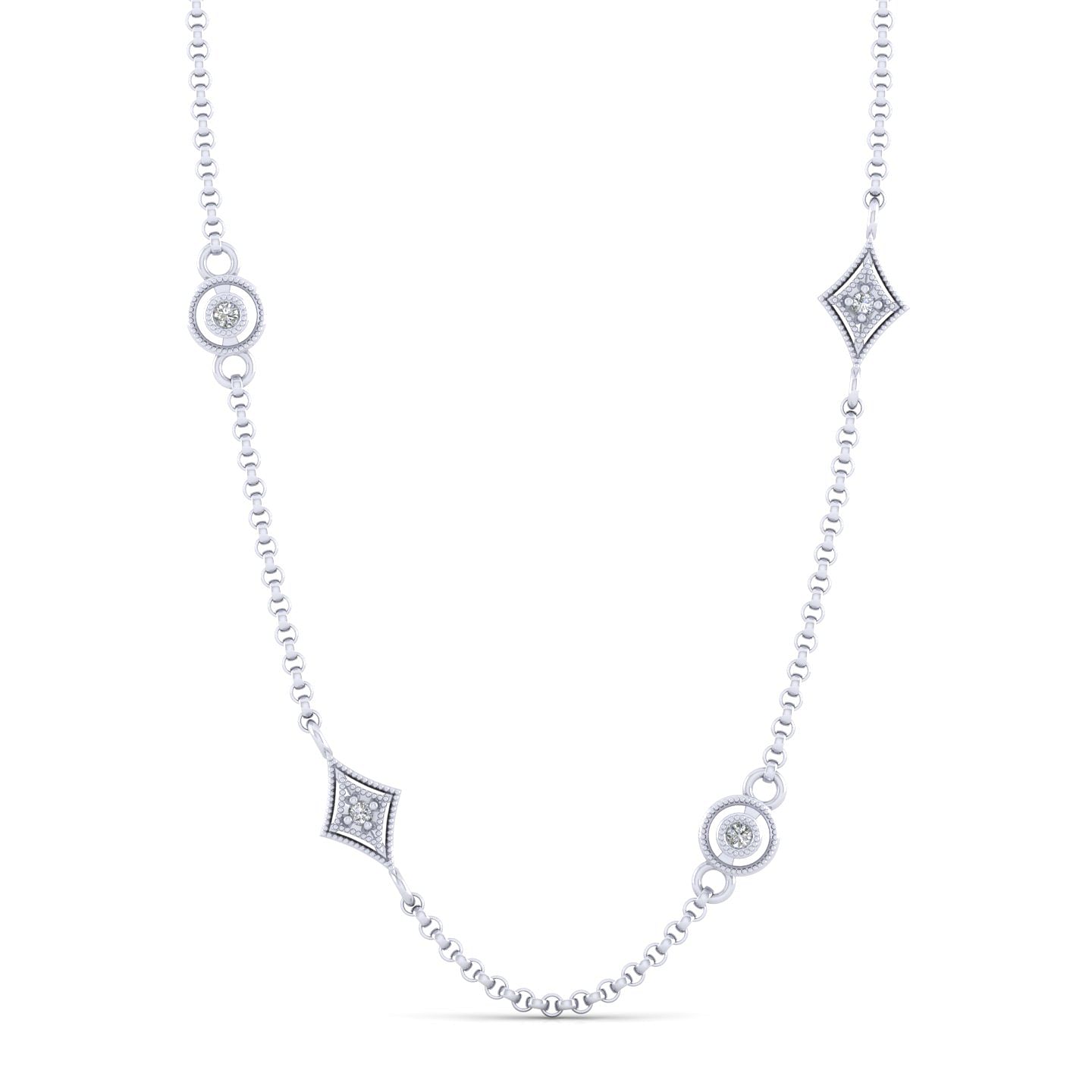 18 inch 14K White Gold Round and Kite Shaped Diamond Station Necklace
