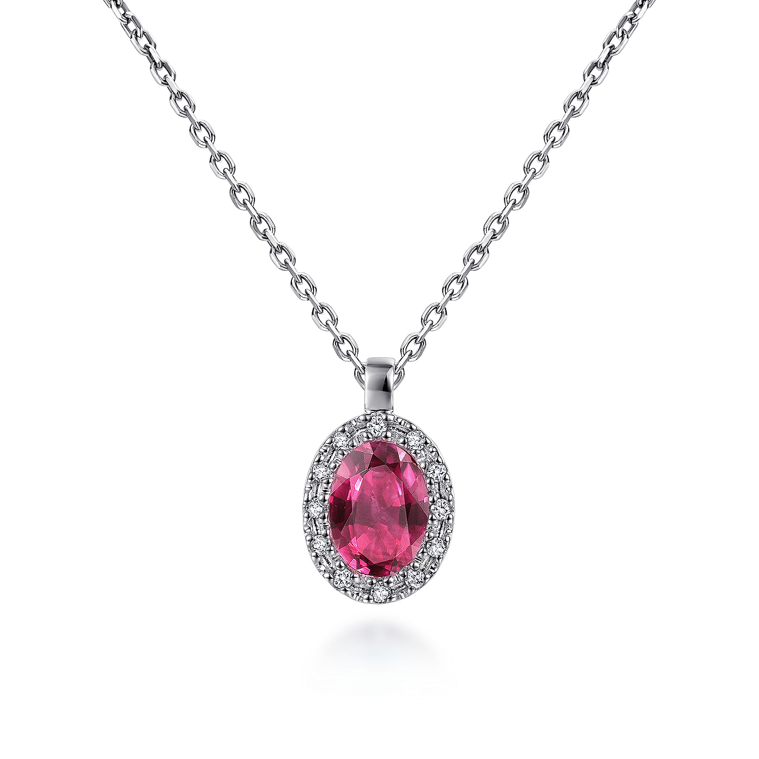 18 inch 14K White Gold Ruby and Diamond Halo Drop Necklace
