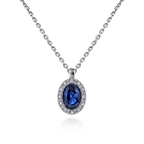 18 inch 14K White Gold Sapphire and Diamond Halo Drop Necklace