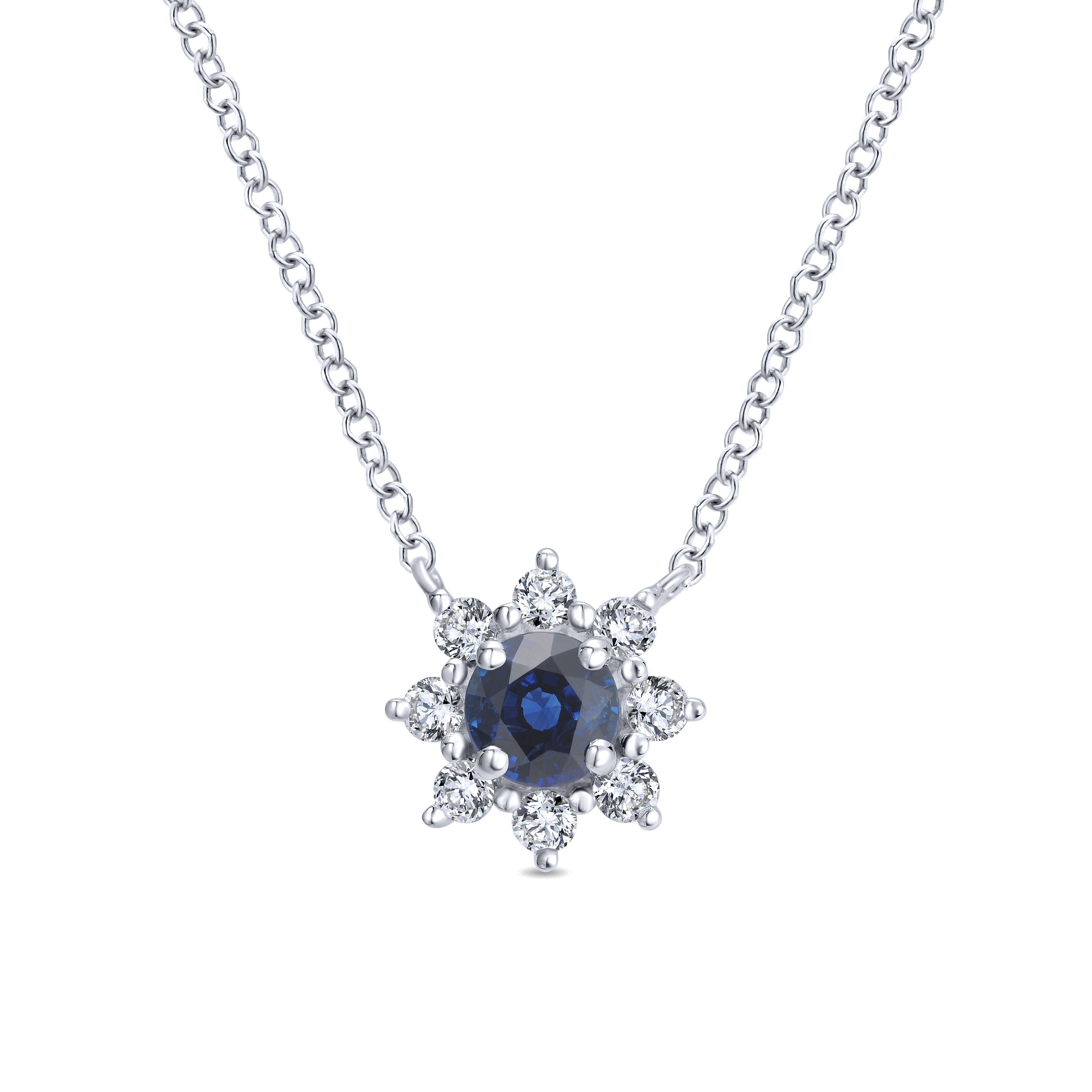 18 inch 14K White Gold Sapphire and Diamond Halo Floral Pendant Necklace
