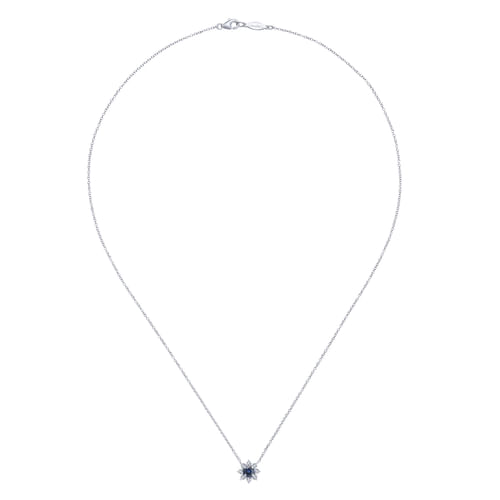 18 inch 14K White Gold Sapphire and Diamond Halo Floral Pendant Necklace