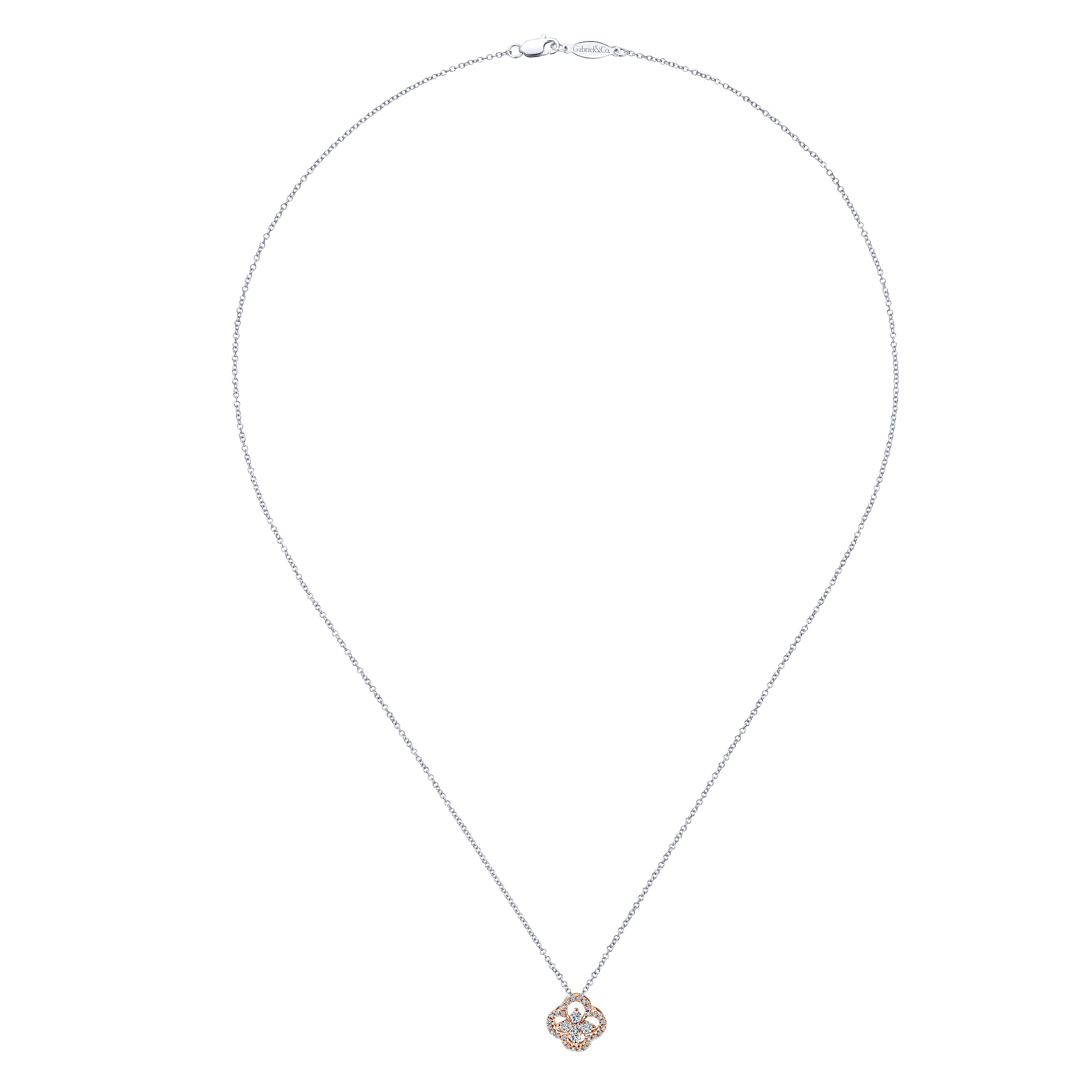 18 inch 14K White Rose Gold Diamond Clover Pendant Necklace