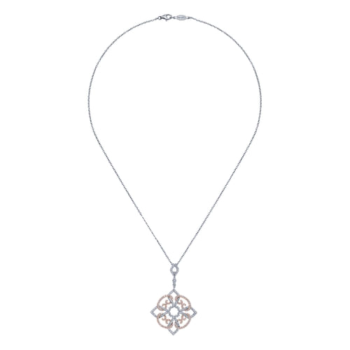 18 inch 14K White Rose Gold Floral Diamond Pendant Necklace