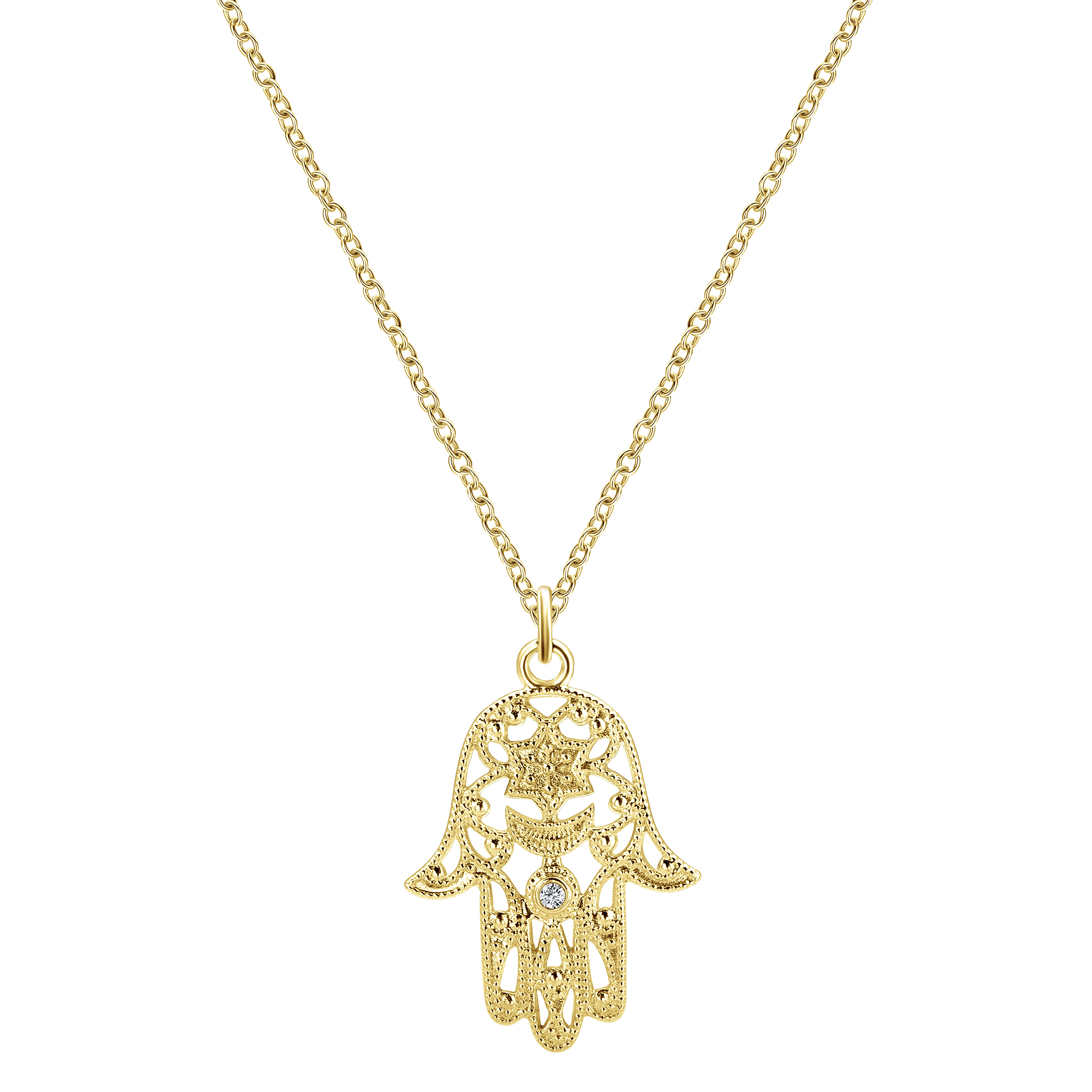 18 inch 14K Yellow Gold Filigree Diamond Hamsa Pendant Necklace