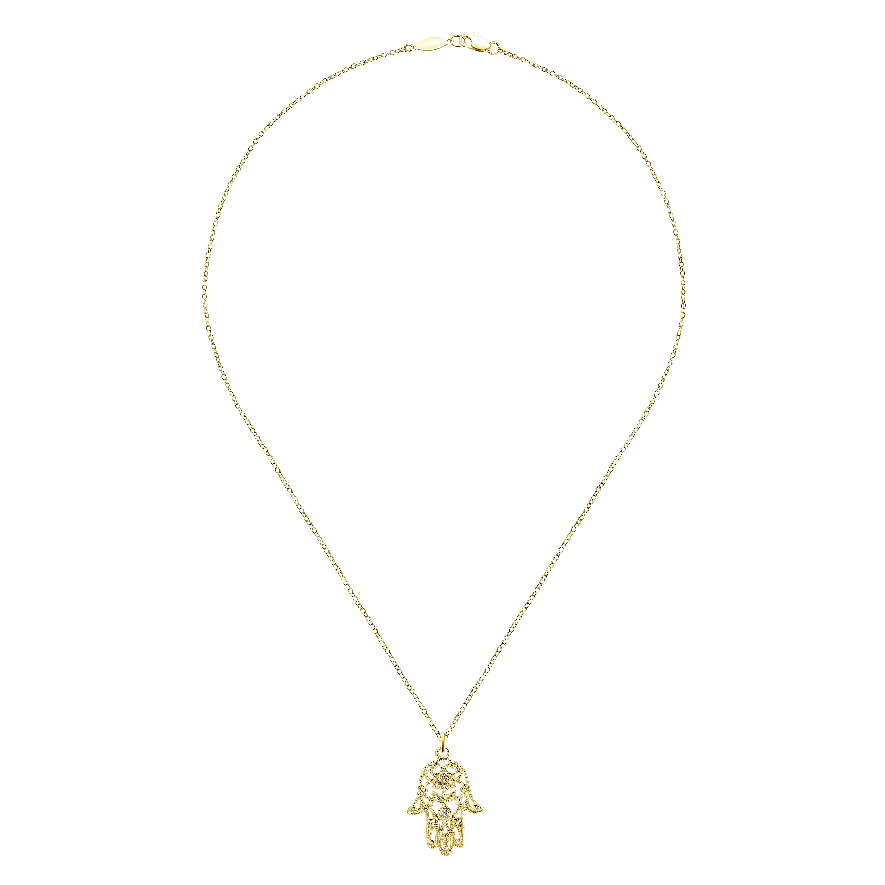 18 inch 14K Yellow Gold Filigree Diamond Hamsa Pendant Necklace