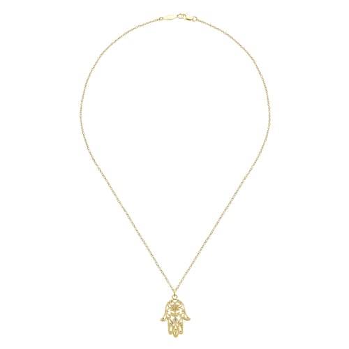 18 inch 14K Yellow Gold Filigree Diamond Hamsa Pendant Necklace