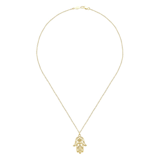18 inch 14K Yellow Gold Filigree Diamond Hamsa Pendant Necklace angle 2