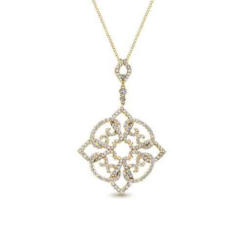 18 inch 14K Yellow Gold Floral Diamond Pendant Necklace