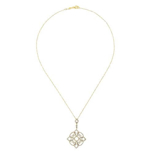 18 inch 14K Yellow Gold Floral Diamond Pendant Necklace