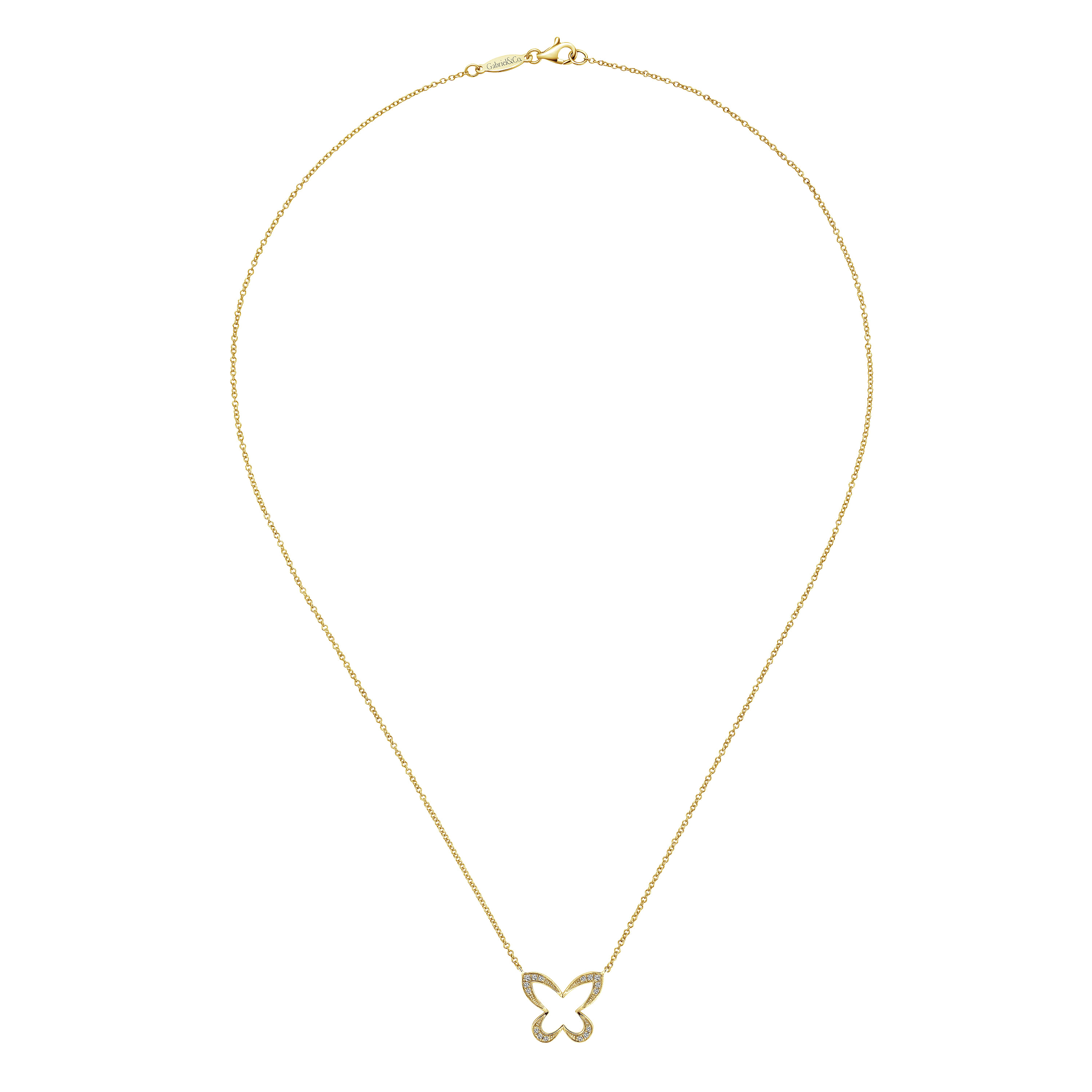 18 inch 14K Yellow Gold Open Diamond Butterfly Pendant Necklace