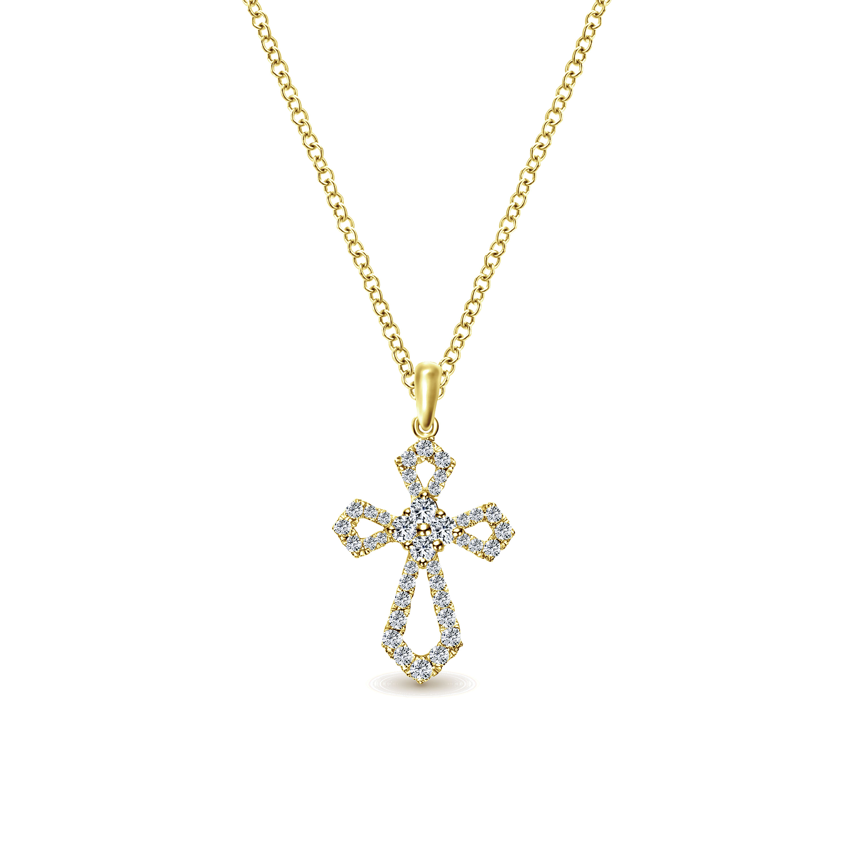 18 inch 14K Yellow Gold Open Diamond Cross Pendant Necklace