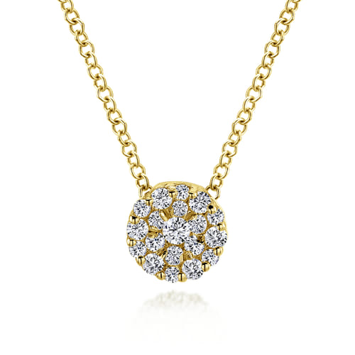18 inch 14K Yellow Gold Round Diamond Cluster Pendant Necklace