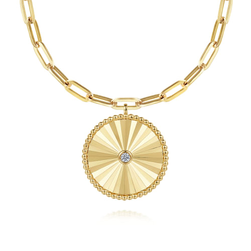 18 inch 14K Yellow Gold Textured Diamond Medallion Hollow Chain Necklace