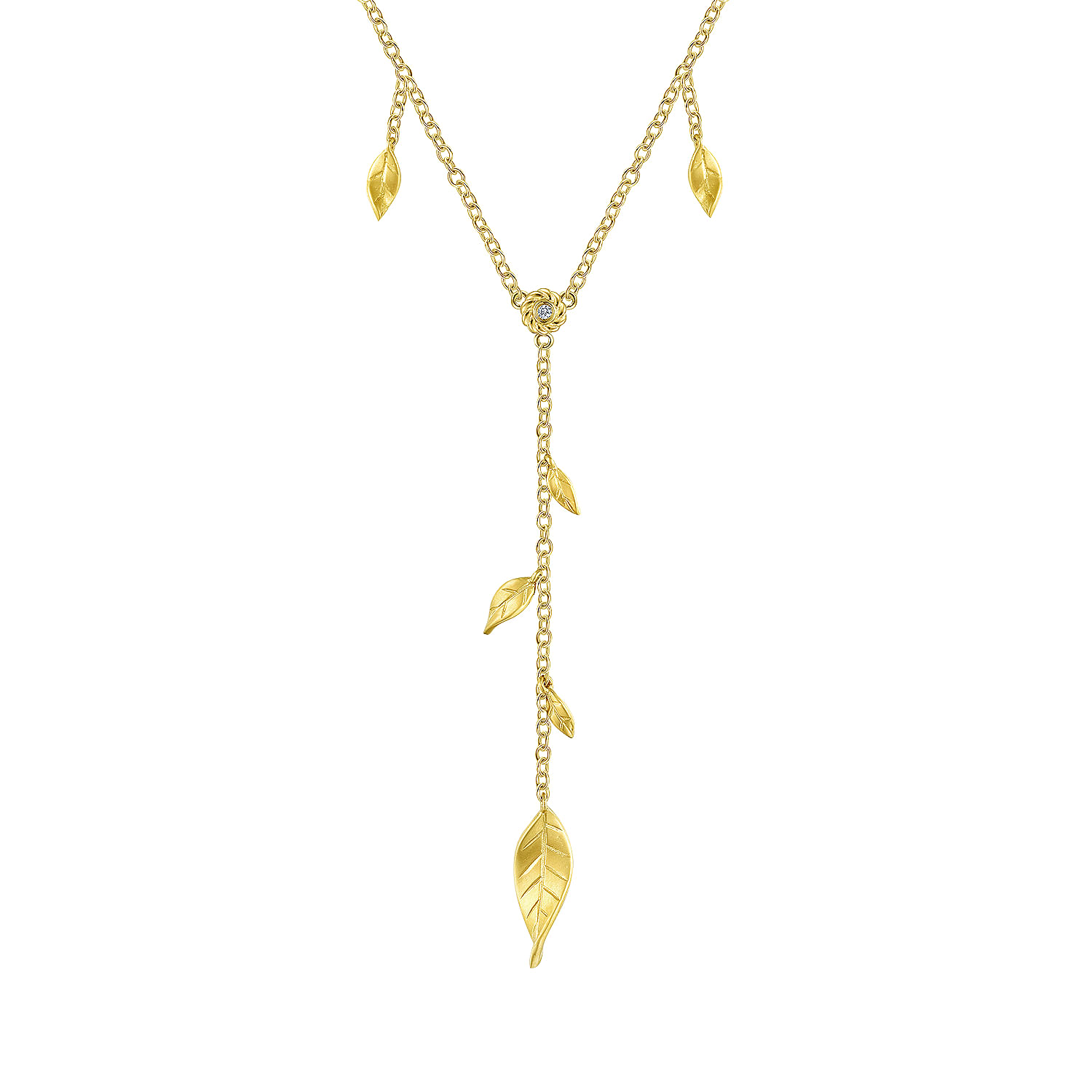 18 inch 14K Yellow Gold Y Necklace with Leaf Drops and Center Diamond
