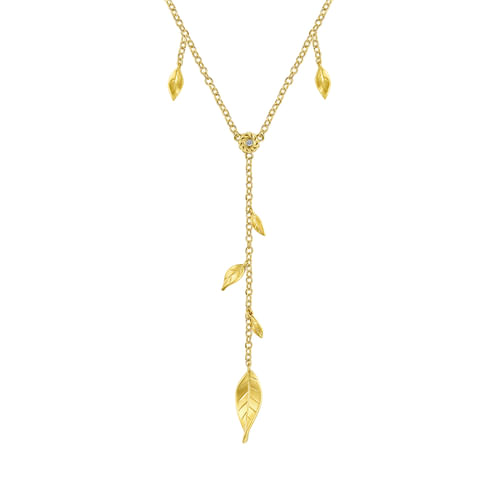 18 inch 14K Yellow Gold Y Necklace with Leaf Drops and Center Diamond
