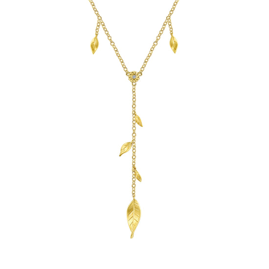 18 inch 14K Yellow Gold Y Necklace with Leaf Drops and Center Diamond
