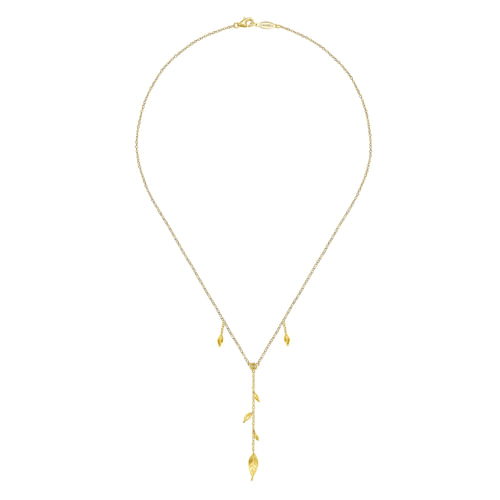 18 inch 14K Yellow Gold Y Necklace with Leaf Drops and Center Diamond